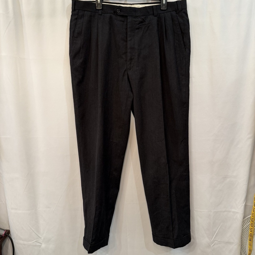Vintage Hart Schaffner Marx 38x32 Dk Gray Pure Virgin Wool 70s Pleated Cuffed